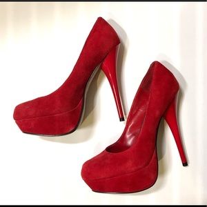 Platform red suede high heels like new